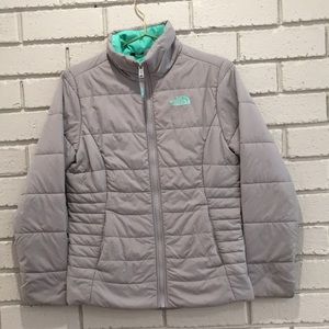 Gray and mint green North face puffer jacket